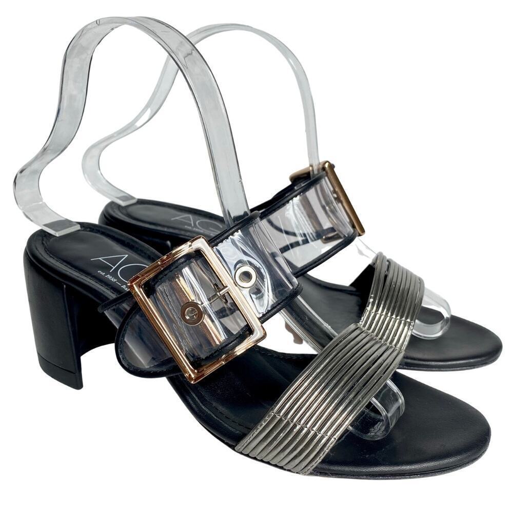 AGL Heels Mila Sandals Clear Strap Leather Black Silver Metallic Block Heel 7 37